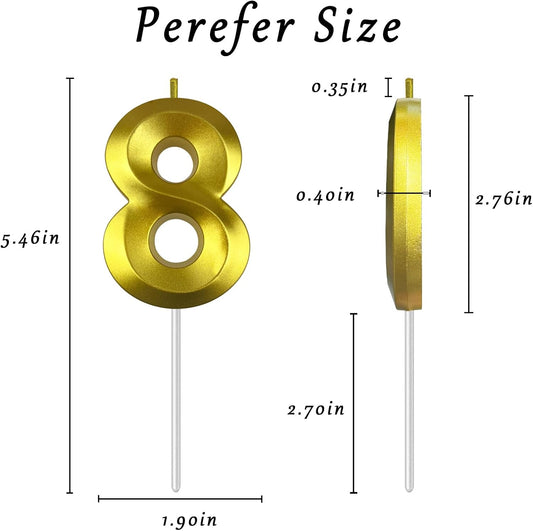 Gold Number 8 Candles, 3D Diamond 2.76 Inch Cake Topper Birthday Candles for Wedding Anniversary Cake Decorations, Happy Birthday Party Decorations