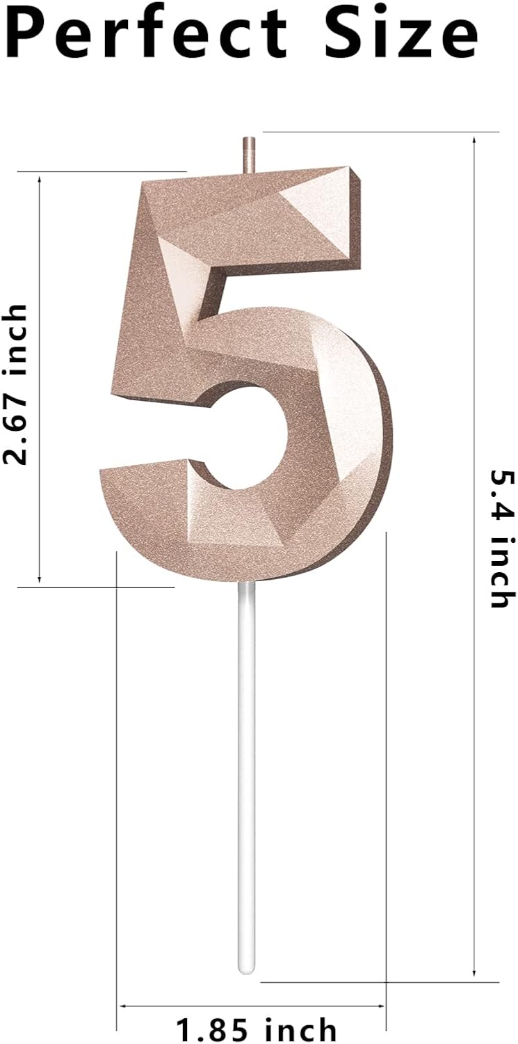 Number Birthday Candles(5 Candle Rose Gold) 3D Diamond Shape Number Happy Birthday Cake Candles for Birthday Party Wedding Decoration Reunions Theme Party