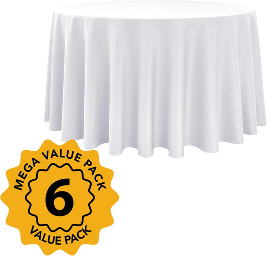 6-Pack White Round Tablecloths, 120 Inches, Stain-Resistant Polyester for 5-6 Ft Round Tables - Washable Table Covers for Weddings, Banquets, Birthday, Parties, Events