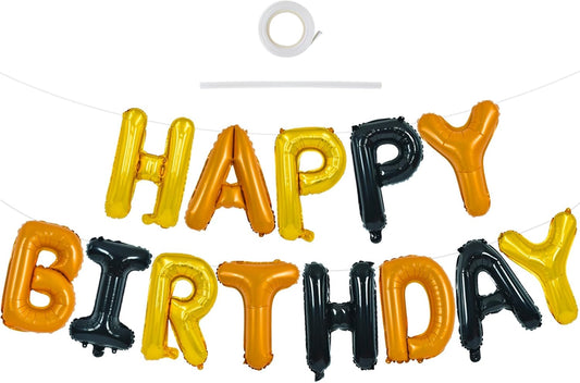 TONIFUL Happy Birthday Balloons Banner with Ribbon Straw,16 Inch Mylar Letters Birthday Sign Banner Balloon Bunting Reusable for Construction Birthday Party Supplies（Gold Orange Black）