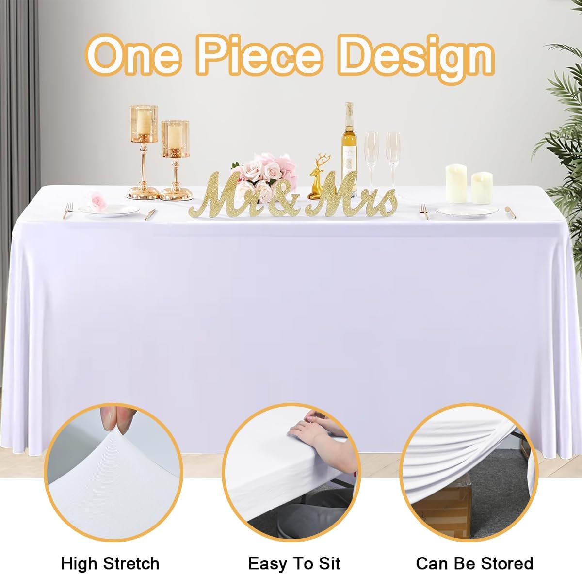 HAORUI Open Back Table Skirts, 4Pack Rectangle Wrinkle Resistant Table Clothes, Ruffles Elastic Table Cover for Banquets, Weddings, Parties (6ft White)