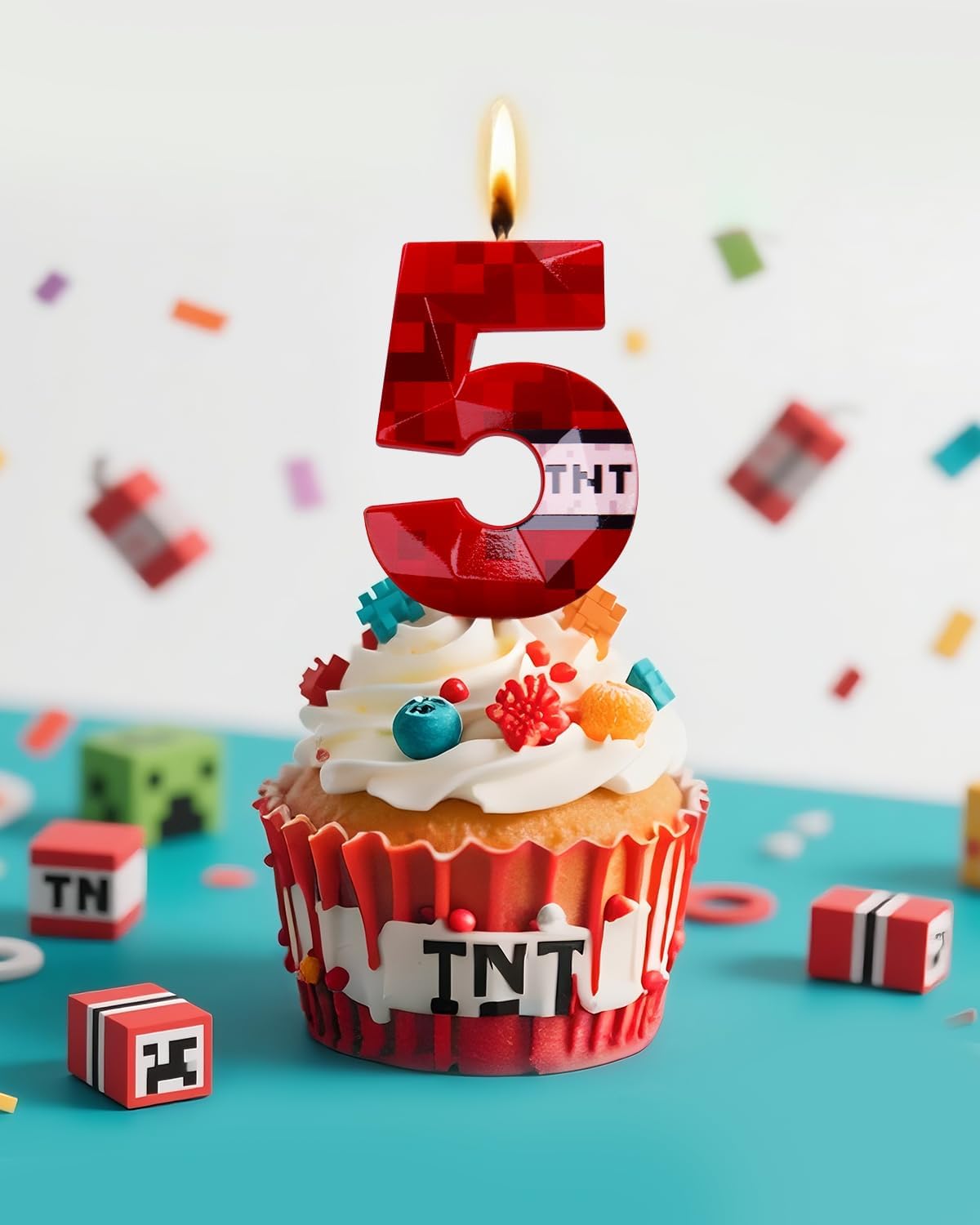 Pixel Birthday Candle, 2.68 Inch Miner Number Candles, Game Themed Candle Birthday Decoration for Pixel Theme Birthday Anniversary Dynamite Video Game Party (Red, 5)