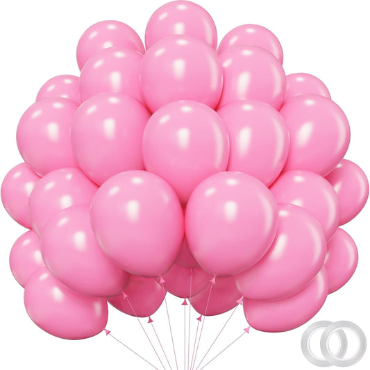 Pink Balloons - 12 inch 100pcs Latex - Round Matte Pink Birthday Balloons with 2 Ribbons for Birthday Wedding Anniversary Baby Shower Gender Reveal Party Decorations