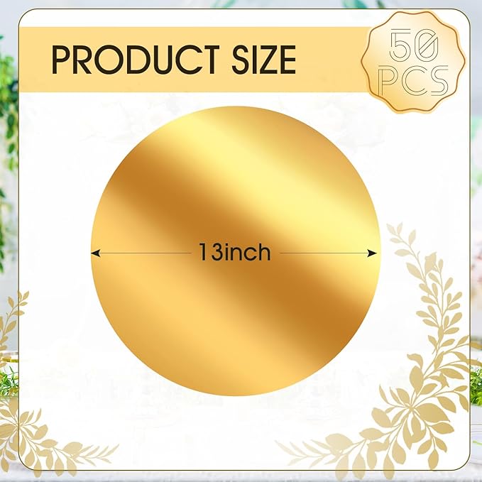 KesaPlan 50PCS Round Gold Placemats, 13" Disposable Paper Placemats for Dining Table, Mirrored Gold Charger Place Mat for Kitchen Banquet Table Setting Wedding Birthday Dinner Party