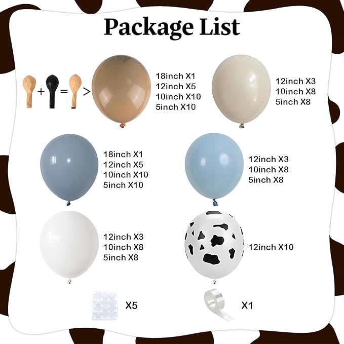 Cowboy Western Balloon Arch Kit, Dusty Blue Brown Double Stuffed Sand White Balloon Garland with Cow Print Balloons for Boys Western Cowboy Theme Birthday First Rodeo Baby Boy Shower Party Decorations