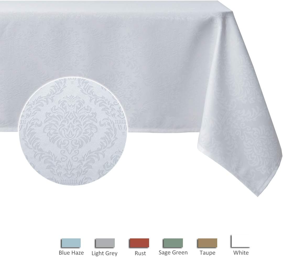 maxmill Jacquard Table Cloth Damask Pattern Spillproof Wrinkle Resistant Heavy Weight Soft Tablecloth for Kitchen Dinning Tabletop Outdoor Picnic Rectangle 52 x 70 Inch White