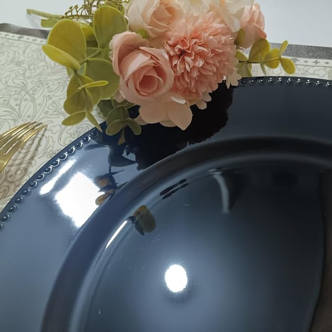 6/50/100 Pcs Elegant Plastic Beaded Charger Plates - Round Gold Silver Black Wedding Party Dinner Decorative Plate Set, Durable for Halloween Christmas Birthday Decor
