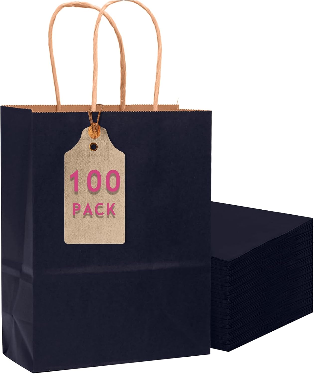 qiqee 100PCS Gift Bag with Handles Bulk Navy Blue Paper Bags Multiple Uses (11"x5"x8" Medium Size)