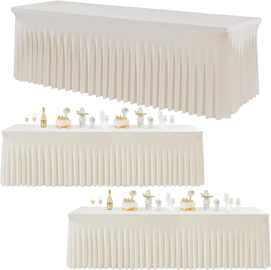 3 pk Ivory Spandex Table Clothes for 8 Foot Rectangle Tables, Stretch Table Cloths 8 ft Fitted Table Cover Desk Skirt for Parties Weddings Birthday Banquet Baby Shower