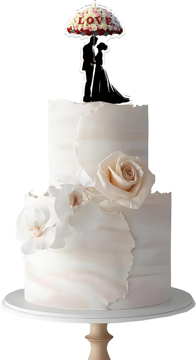 Acrylic Wedding Cake Topper Bride and Groom with Umbrella - Elegant Mr & Mrs Cake Decoration for Wedding Anniversary, Engagement, Just Married Party (2D)
