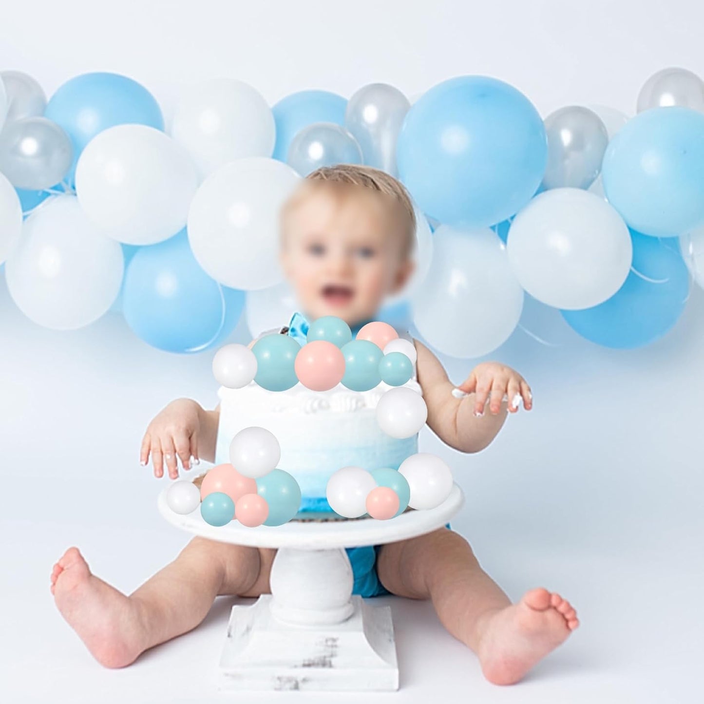Gyufise 30Pcs Balls Cake Topper Foam Ball Cake Picks Faux Pearl Ball Shaped Cupcake Insert Cake Topper for Baby Shower Wedding Anniversary Kids Birthday Party Cake Decorations White Blue Pink