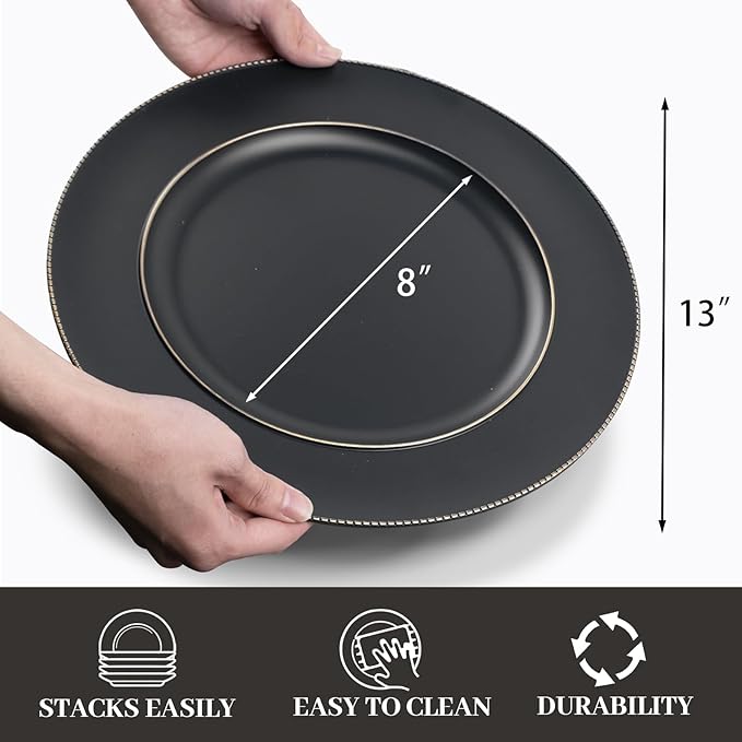 MAONAME Black Charger Plates, 13" Plastic Round Charger for Dinner Plates, Plate Chargers Set of 12, Beaded Table Chargers for Wedding, Table Setting