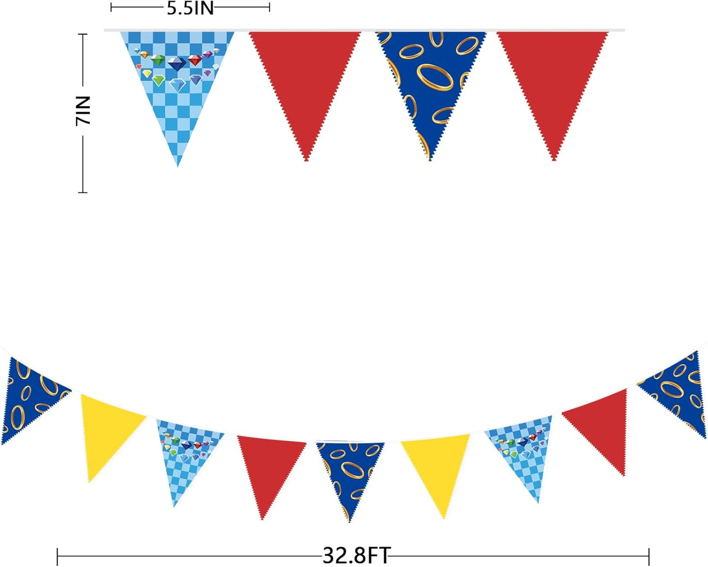 32Ft Hedgehog Birthday Party Decorations Red Blue Yellow and Golden Rings Triangle Flag Pennant Banner Fabric Garland Streamer for Kids Boys Cartoon Birthday Hedgehog Baby Shower Party Decor Supplies