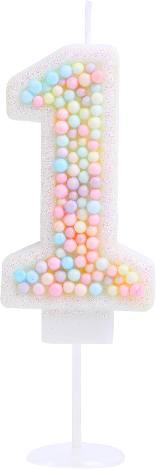 1 Birthday Candle Pastel Macaron Glitter 3D Number 1 Candles for Birthday Cakes Girl Women Sweet Theme One Years Old Birthday Wedding Anniversary Party Cake Decoration