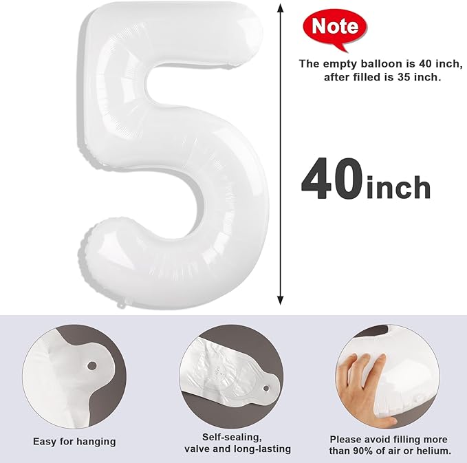 Balloon Numbers 40 Inch 5 Ballon for 5th Birthday Decorations, 15 25 35 50 Big White Number Balloons for Wedding Photo Shoot Party Decor