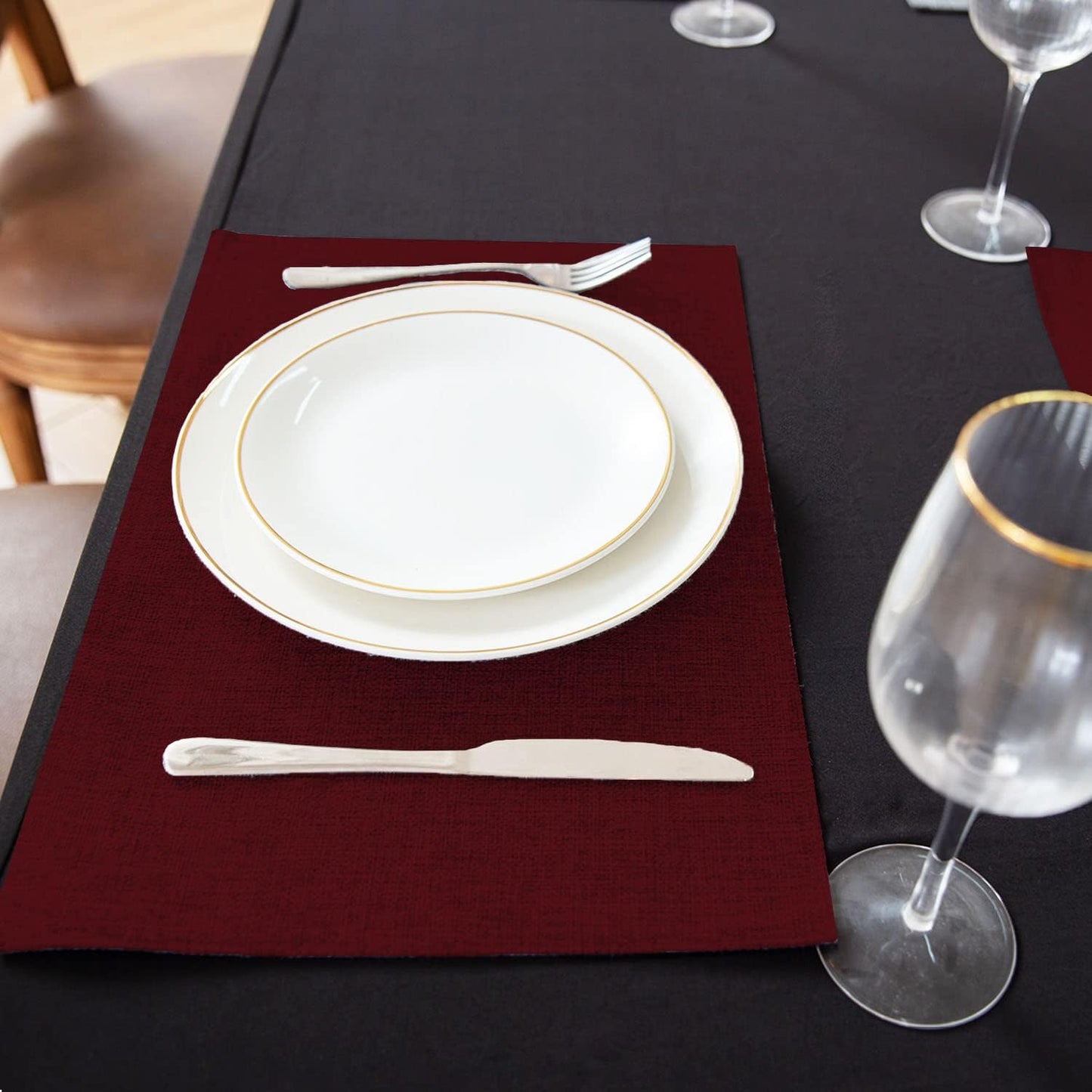 Cloth Burgundy Placemats Set of 8, Linen Type Fabric Placemats Machine Washable Heat Resistant Placemats Polyester Place Mats for Halloween, Thanksgiving and Christmas Dining Table (Burgundy)