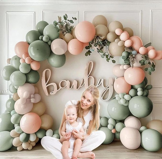 Dusty Green Pink Balloon Garland Double Stuffed Blush Pink Cream Sage Green Peach Sand White Balloon Arch Kit for Baby Bridal Shower Wedding Birthday Spring Party Decoration