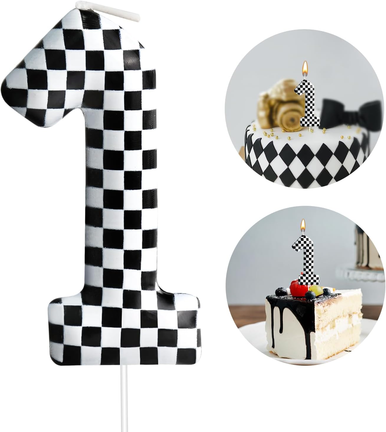 Racing Cars Themed Birthday Candle Number 1 Checkered Candle Birthday Party Decoration Cake Topper for Racing Car Party Decoration Theme Party Supplies (Number 1)