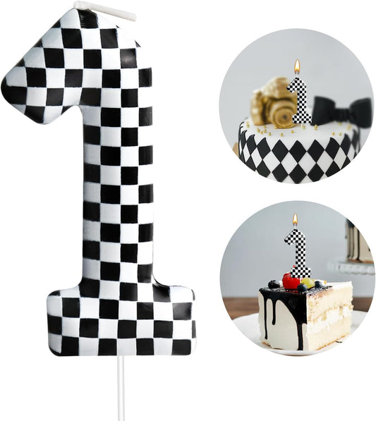 Racing Cars Themed Birthday Candle Number 1 Checkered Candle Birthday Party Decoration Cake Topper for Racing Car Party Decoration Theme Party Supplies (Number 1)