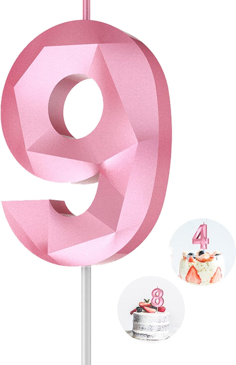 Number Birthday Candles(9 Candle Pink) 3D Diamond Shape 9th Happy Birthday Cake Topper Decorations for Girl Women Birthday Wedding Anniversary Celebration Theme Party Supplies