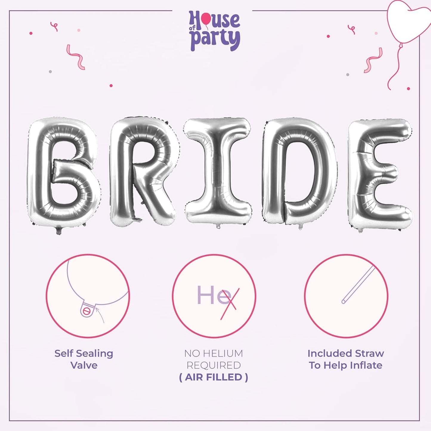 HOUSE OF PARTY Silver Bride Balloon - 40'' Foil Balloons for Wedding Bridal Shower Engagement Party Decor - Bachelorette Party Supplies for Bride-to-Be!