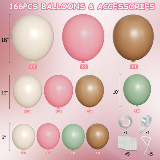 Pink Green Brown White Balloon Garland Arch Kit, 166Pcs Blush Pink Pastel Green White Sand Tan Brown Boho Balloons for Baby Shower Birthday Wedding Safari Jungle Woodland Party Decorations