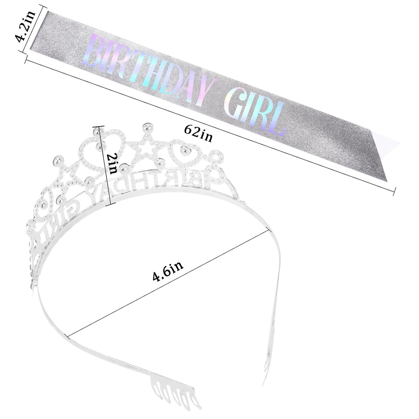 Birthday Girl Tiara and Sash Set - Silver Iridescent Rhinestone Crown & Glitter Sash for Birthday Party, Princess Celebration, Gift for Girls and Women