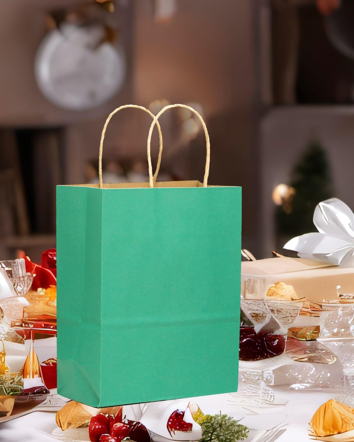 qiqee 100PCS Gift Bag with Handles Bulk Cyan Paper Bags Multiple Uses (11"x5"x8" Medium Size)