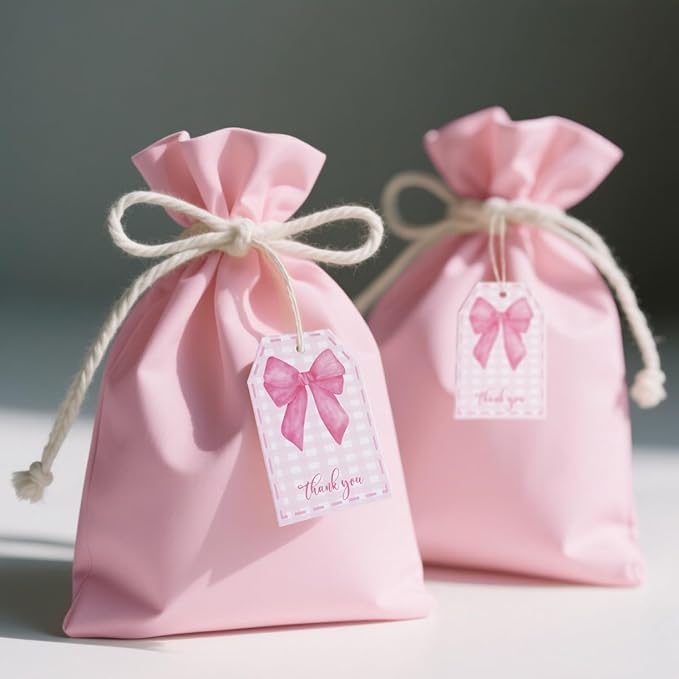 ASYEHJNR 100Pcs Pink Bow Gift Tags with String Pink Buffalo Plaid Large Gift Tags with 65Ft White String Cute Thank You White Paper Tag for Coquette Birthday Baby Shower Wedding Gift Wrap Tag