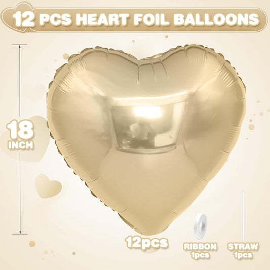 Champagne Gold Heart Balloons,12Pcs Light Gold Heart Shaped Foil Balloons,18Inch Helium Polyester Film Balloon for Baby Shower Birthday Anniversary Wedding Party Decorations