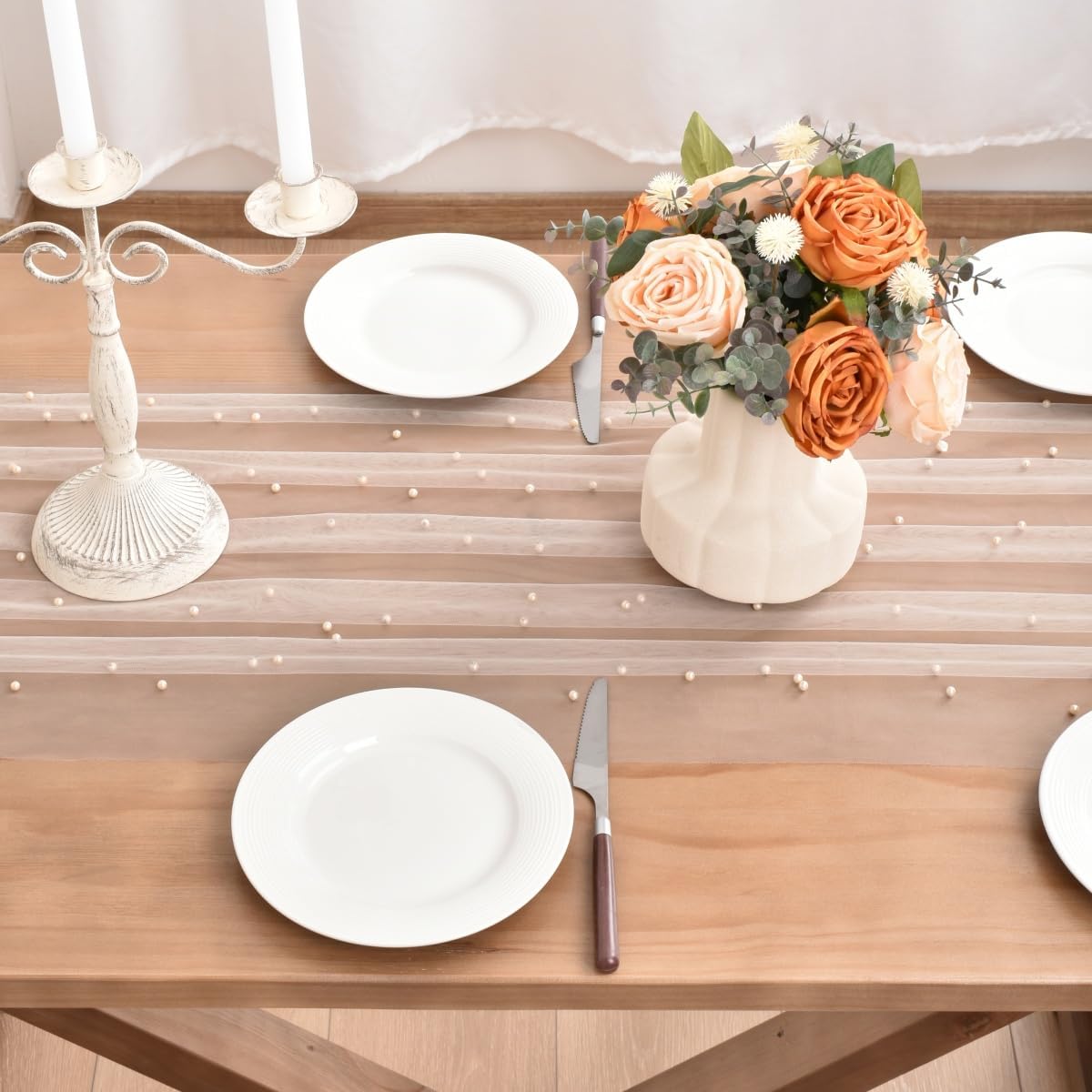 Light Peach Pearl Fall Thanksgiving Table Runner Boho Rustic Tulle Lace Table Runner for Baby Shower Wedding Arch Decor Veil Dessert Table Decor