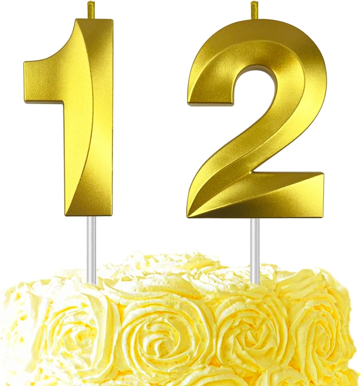 Gold Number 12 Candles, 3D Diamond 2.76 Inch Cake Topper Birthday Candles for Wedding Anniversary Cake Decorations, Happy Birthday Party Decorations