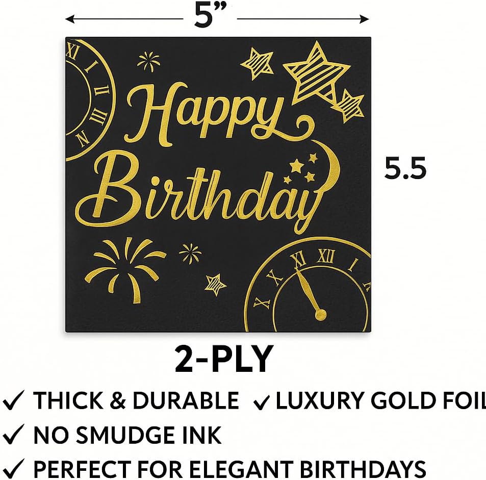 100 Black Happy Birthday Cocktail Napkins- 2-Ply Disposable with Gold Foil-Elegant Party Napkins for Drinks, Bars, Birthdays, and Celebrations (100 Count)