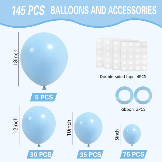 Pastel Blue Balloons 145pcs Different Sizes 18 12 10 5 Inches Baby Blue Light Blue Balloon Garland Arch for Birthday Baby Shower Wedding Anniversary Graduation Party Decorations