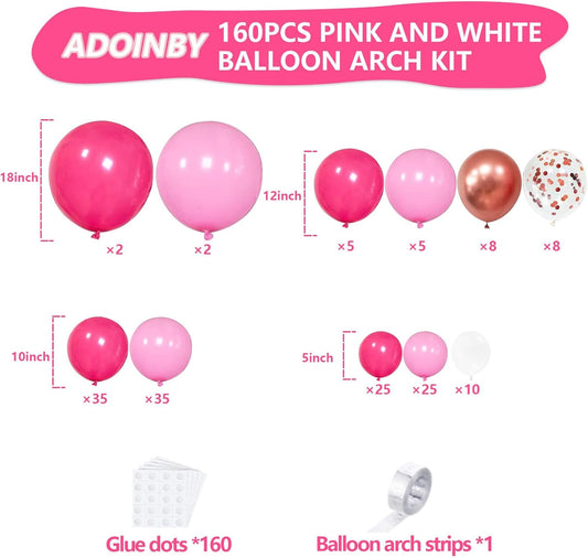 Pink Balloons Arch Kit, 160Pcs Hot Pink Balloon Garland Kit Metallic Rose Gold Confetti Balloons for Birthday, Wedding, Princess Theme, Engagements, Baby Shower, Anniversary Party Decoration