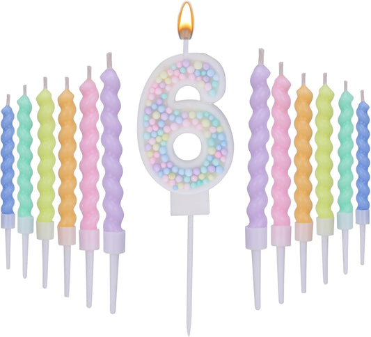 Number 6 Birthday Candles for Cake with 17 Pieces Spiral Candles with Macaron Pastel Rainbow Pink Cake Toppers for Girls Happy Birthday Party Decorations
