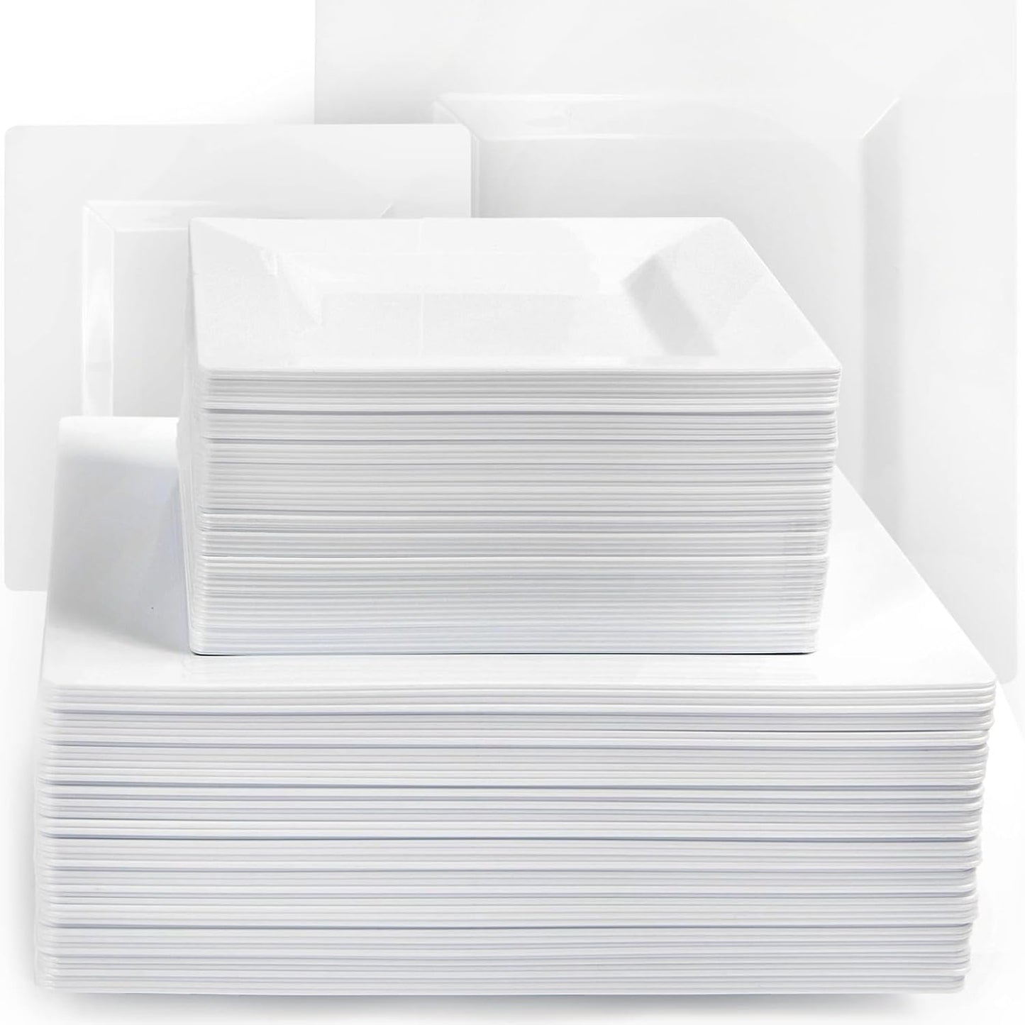 Aya's Cutlery Kingdom 100 Square Plastic Plates - Heavy Duty Disposable Plates - Includes 50 Dinner Plates (10-Inch) and 50 Salad Appetizer Plates (7-Inch) - Elegant White Party Plate for Holidays