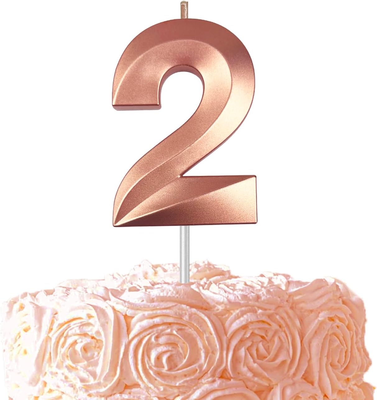 Rose Gold Number 2 Candles, 3D Diamond 2.76 Inch Cake Topper Birthday Candles for Wedding Anniversary Cake Decorations, Happy Birthday Party Decorations