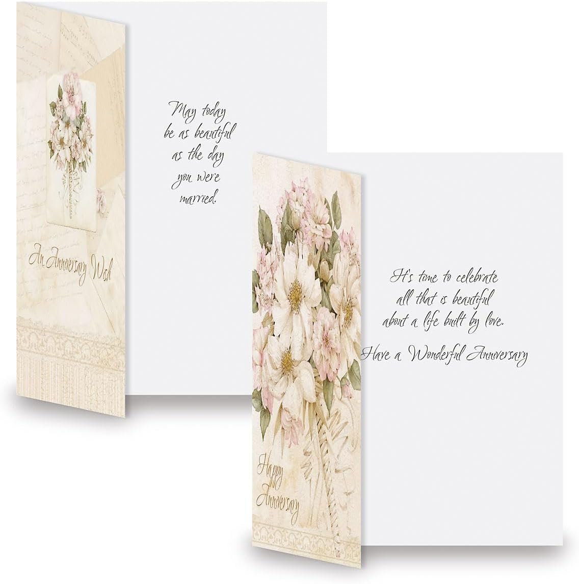 Bouquet Anniversary Wishes Greeting Cards - Set of 8 (4 designs), Large 5" x 7" Wedding Cards with Sentiments Inside, White Envelopes