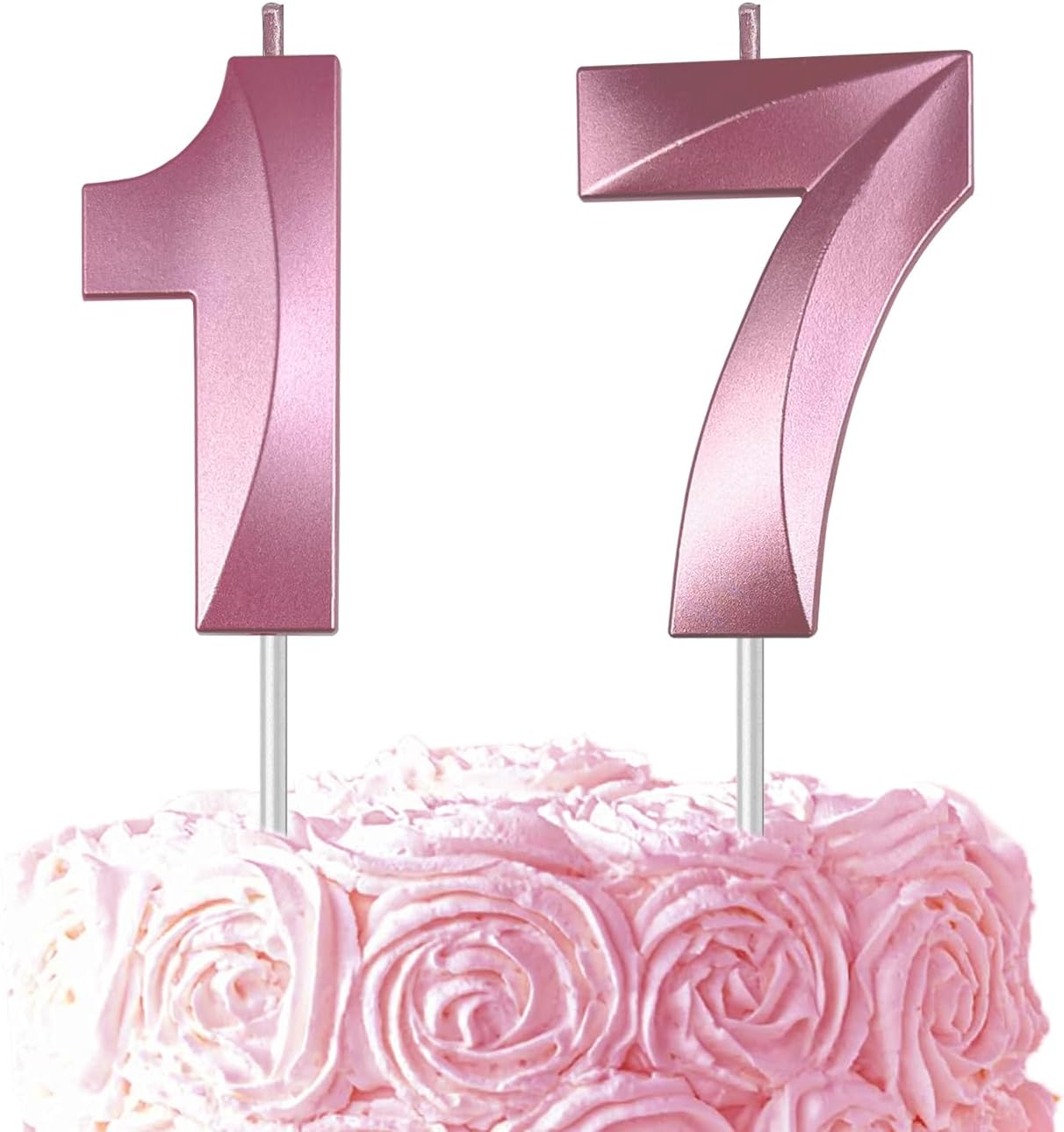 Pink Number 17 Candles, 3D Diamond 2.76 Inch Cake Topper Birthday Candles for Wedding Anniversary Cake Decorations, Happy Birthday Party Decorations
