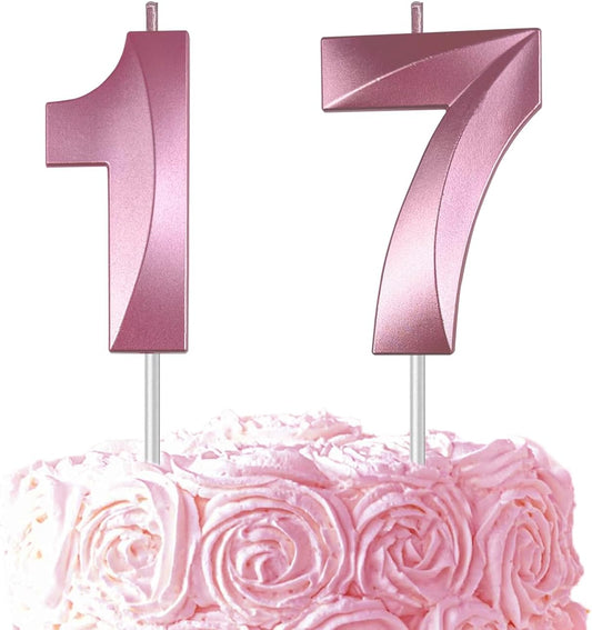 Pink Number 17 Candles, 3D Diamond 2.76 Inch Cake Topper Birthday Candles for Wedding Anniversary Cake Decorations, Happy Birthday Party Decorations