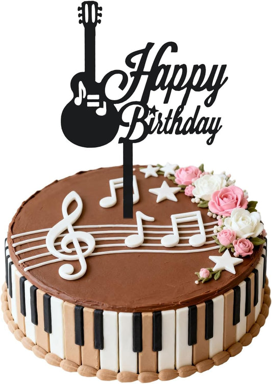 ZHENGYE Black Music Happy Birthday Cake Topper Music Themed Decoration Sign For Birthday Party Decorations Supplies