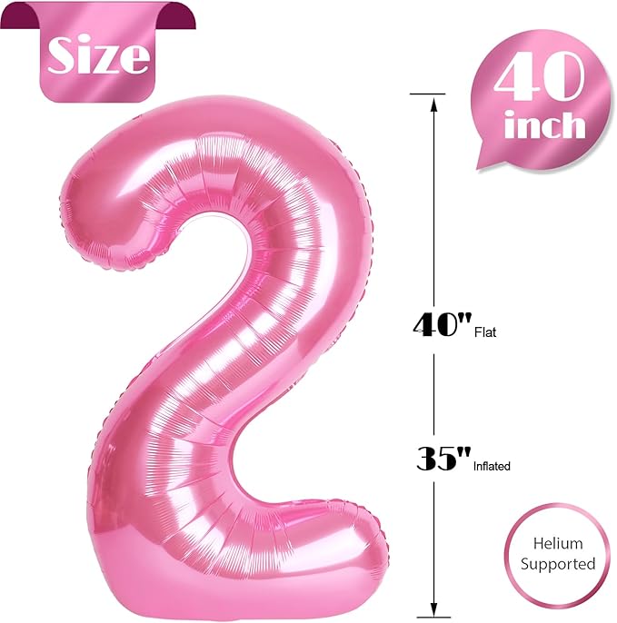 Pink Number 2 Balloon 40 Inch, 2nd Birthday Decoration for Toddlers Girls Boys, Sparkling 2 Number Balloon Party Decor