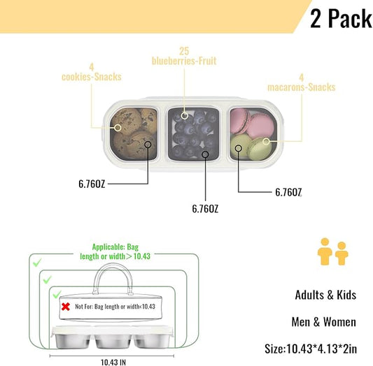 Stainless Steel Snack Containers for Kids Adults, 2 Pack 3 Compartment Metal Snack Containers Box with Lid, Reusable Food Storage Container, Leak Proof, Grab and Go