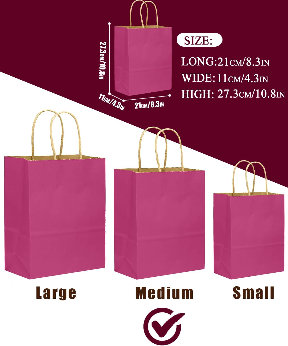 qiqee 100PCS Gift Bag with Handles Bulk Rosy Paper Bags Multiple Uses (11"x5"x8" Medium Size)