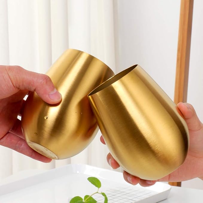 Buyer Star 304 Stainless Steel Wine Glasses Set of 2 - Large 17 oz Outdoor Stemless Wine Tumblers - 100% Unbreakable & Stemless Metal Drinking Cups for Home and Outdoors Dishwasher safe (Gold)