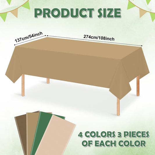 12 Pack Sage Green and Brown Plastic Tablecloth for Rectangle Tables, Safari Baby Shower Disposable Table Cover, Mallard Duck Camo Table Cloth for Jungle Forest Christmas Picnic Woodland Party Decor