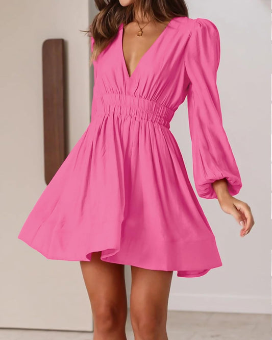 FAIABLE Mini Deep V Sexy Long Sleeve Dress for Women A-line High Waisted Casual Flowy Dress for Cocktail Wedding Guest