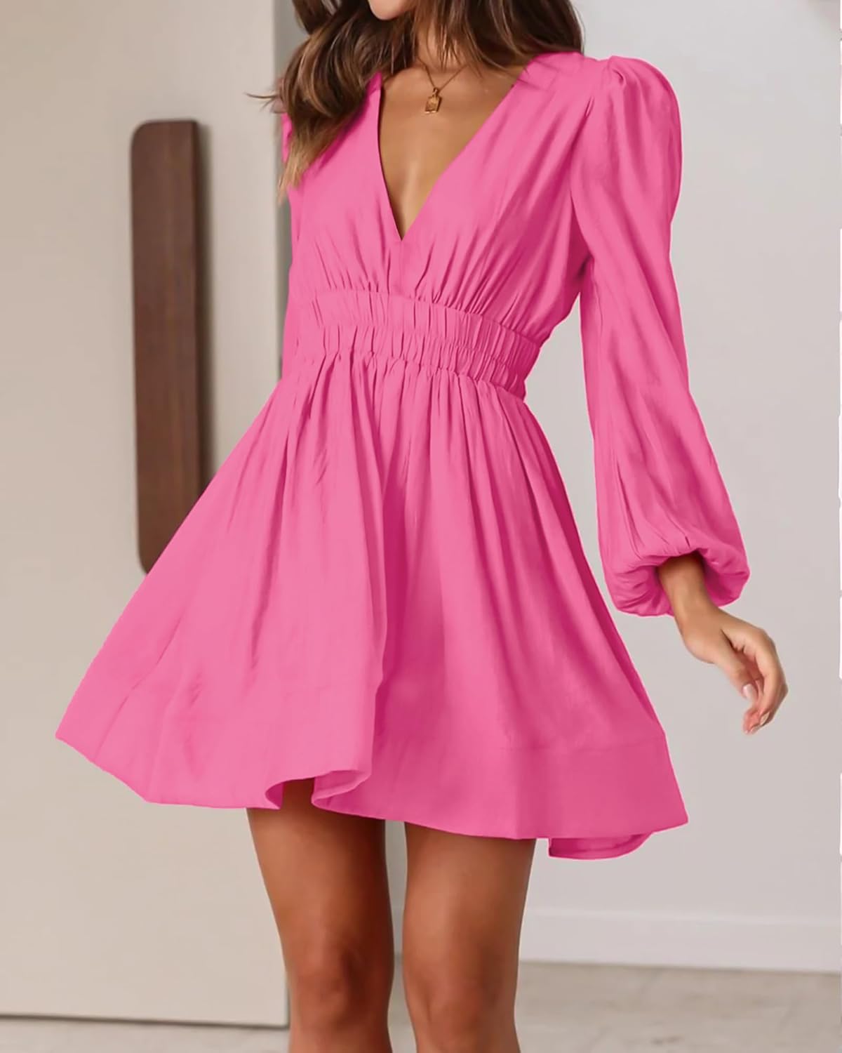 FAIABLE Mini Deep V Sexy Long Sleeve Dress for Women A-line High Waisted Casual Flowy Dress for Cocktail Wedding Guest