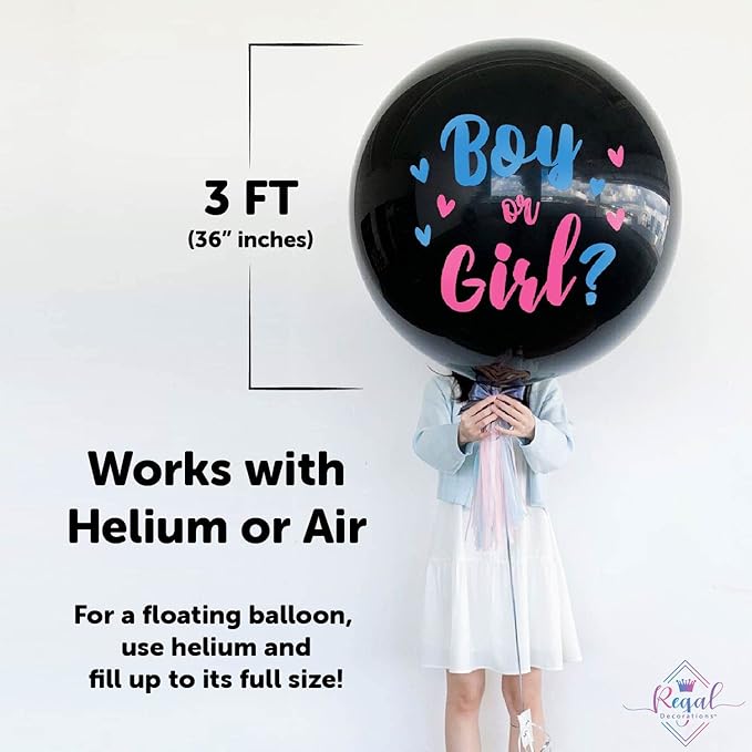 5 Pc Jumbo 36 Inch Baby Gender Reveal Balloon Kit - Big Black Balloons with Pink and Blue Heart Shape Confetti - Baby Shower Party Supplies, Gender Reveal Decorations for Boy or Girl